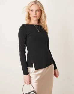 Abercrombie & Fitch Slash Neck Asymmetric Top In Black For Women