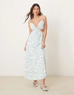 Abercrombie & Fitch Cut Out Waist Maxi Slip Dress In Green Floral Print For Women Border Print -Abercro Clothing Shop 207916496 1 borderprint 1